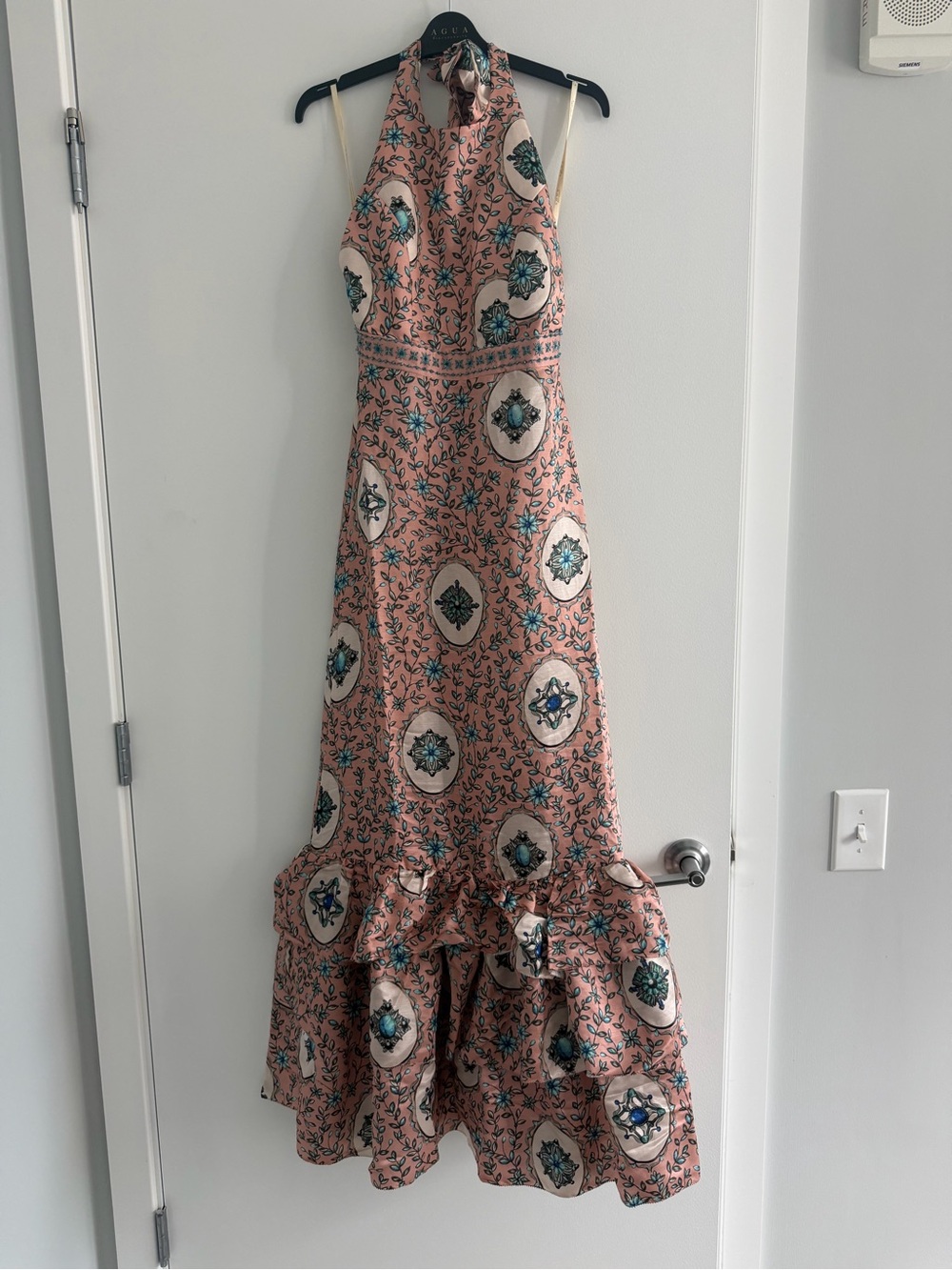 Agua by Agua Bendita Peach Maxi Dress with Blue Floral Accents